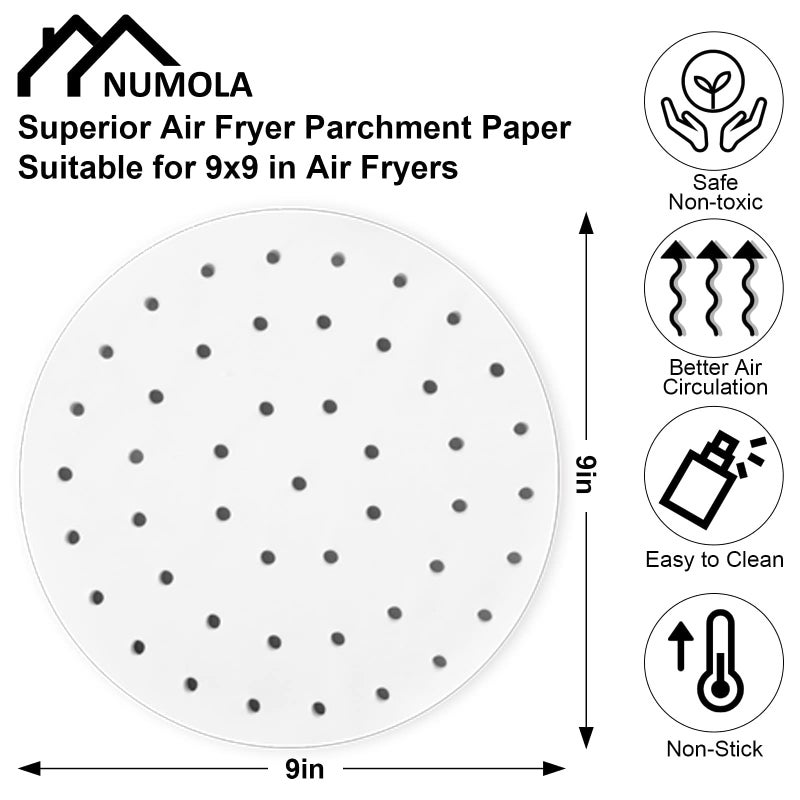 Numola Air Fryer Liners Disposable Parchment Paper, Numola 100 Pcs Airfryer Sheets, 9 Inch White Non-stick Steamer Liner for Oven, Microwave, Bamboos Steaming Basket - Image 2